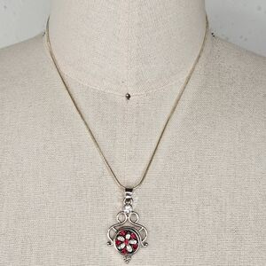 Silver Scrollwork Snap Necklace with Ruby Red Flower Rhinestone Snap